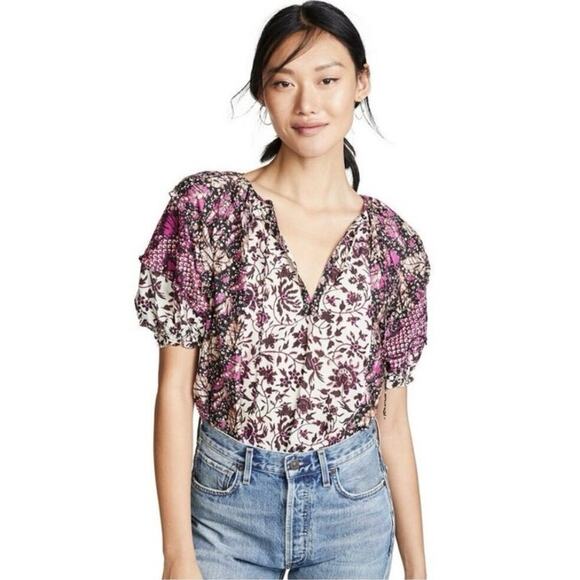 Ulla Johnson top Small Arusi Poplin Top Pink Print Cotton Silk Puff Floral - Picture 3 of 13